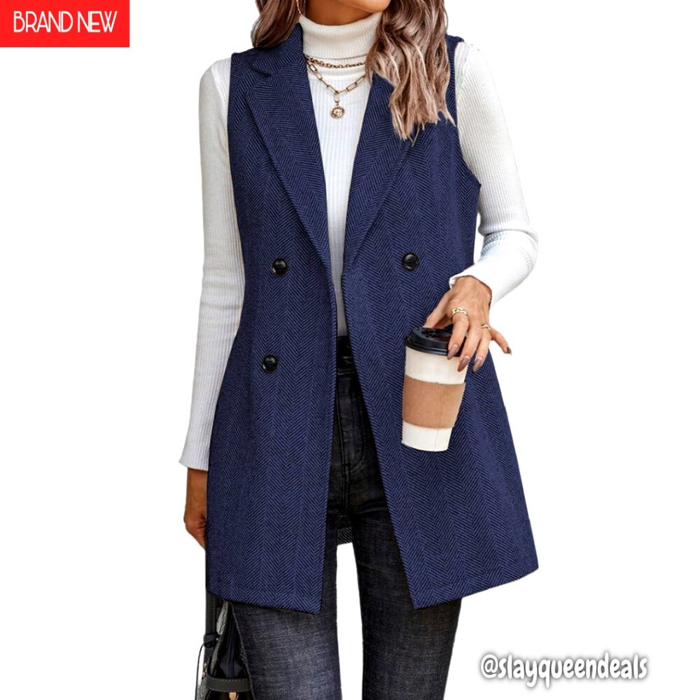 Long Sleeveless Tweed Vest Blazer Women's Business Casual Outerwear